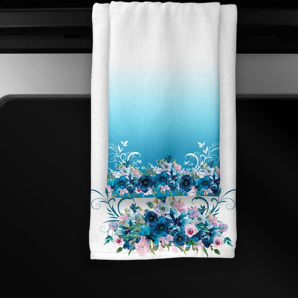 Teal Floral Themed 2 pc Towel Set, 11x18 & 15x25,  Kitchen-Bath, Teal and Pink, Housewarming, Hostess, Christmas, Wedding Gift,  Sublimated