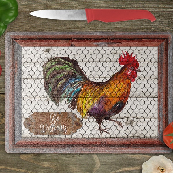 Rooster Farmhouse Glass Cutting Board, 11x15, Farmhouse Décor, Housewarming, Birthday, Mothers Day, Gifts for Her | Personalize Available