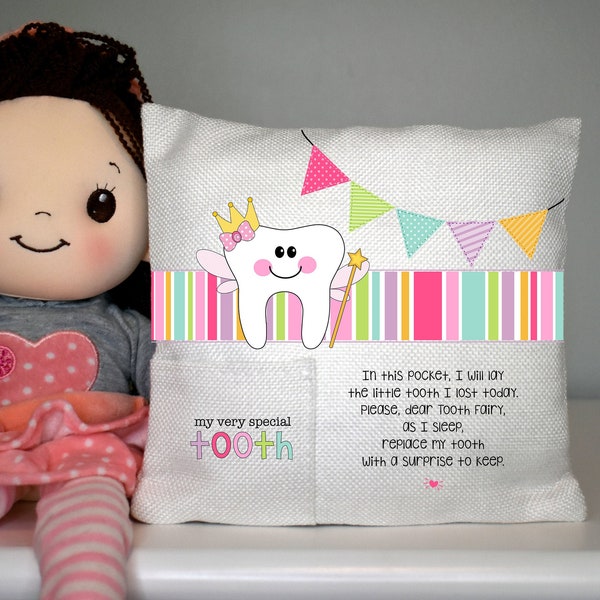 TOOTH FAIRY PILLOW 8x8 Includes Tooth Tracker Chart, Tooth Fairy Receipt, 15 Dollars, Girl Pillow, Personalization, Sublimated, Dentist Gift