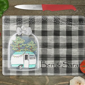 BP Camper Glass Cutting Board, 11x15, Housewarming, Birthday, Mothers Day, Hostess, His or Her Gifts, Camper Gift Personalization Available