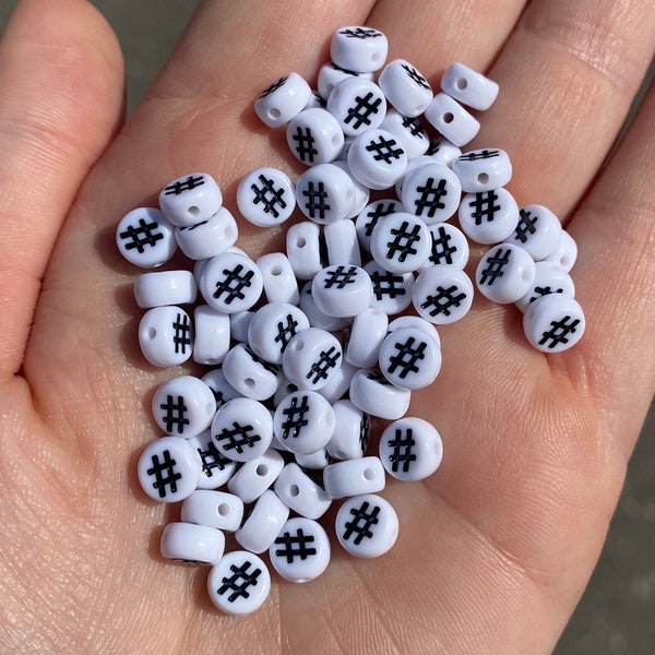 Acrylic Bead - Hash Tag - Number Beads - 0 - 9 - 7mm - 125 Pieces - White & Black - Bracelet - Necklace - Bulk - Spacer - Plastic Bead