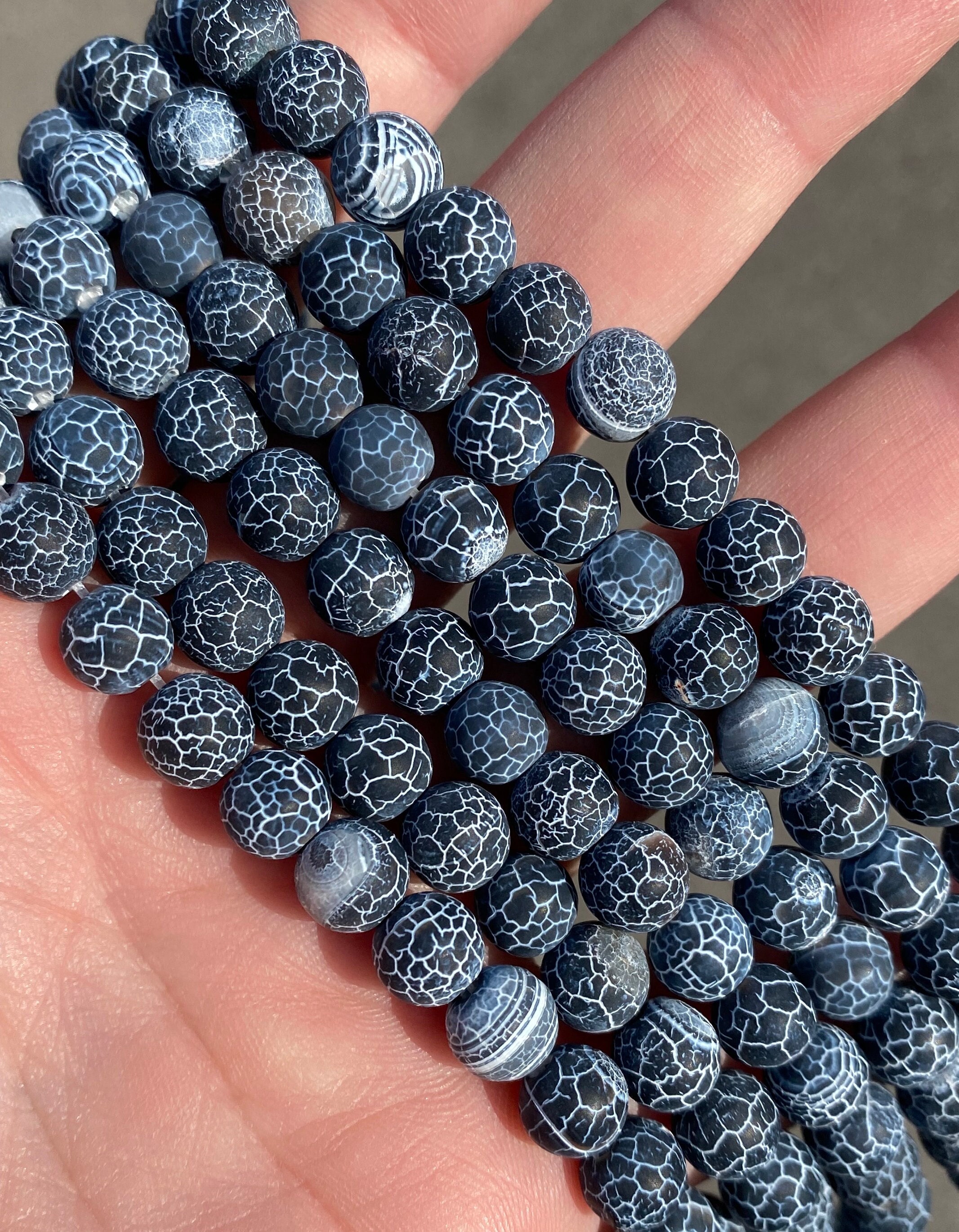 8mm Matte Black Cracked Fire Agate Beads - Full Strand - 15