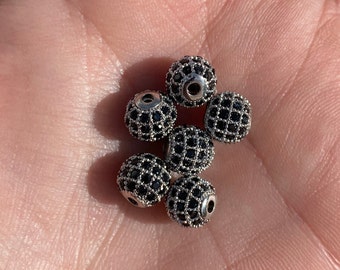 8mm Cubic Zirconia CZ Pave Silver Beads - Black Diamond - 1 Piece - 3 Pieces - 6 Pieces - Spacer Bead