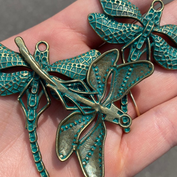 50mm x 55mm Antique Bronze & Green Patina Dragonfly Pendants - 3 Piece - Hole 3mm - High Quality