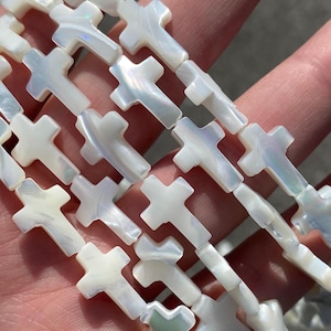10mm x 15mm Polished Iridescent Mother Of Pearl Flat Cross Shape Shell Beads - Shiny - Full Strand - 15&quot;