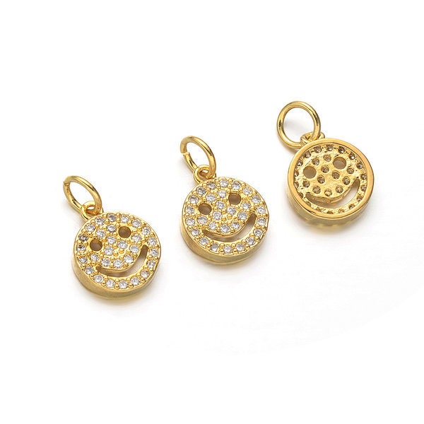 Gold Color Plated Brass CZ Pave Smiley Face / Happy Face Charm - 9mm - 1 Piece / 5 Piece - Findings - Pendant - High Quality