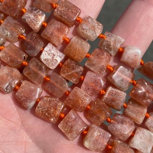 9mm Polished Glitter Flash Sunstone Hand Cut Rustic Irregular Square Gemstone Beads - Natural Stone - Full Strand - 15&quot; Strand