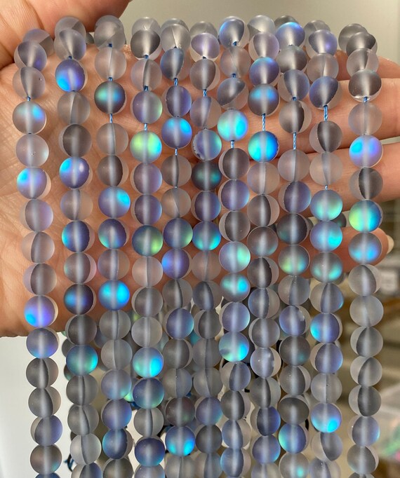 River Valley Gems Matte Gray Mystic Aura Round Beads – 15 Strand – 6mm 8mm 10mm 12mm – Frosted Mermaid Glass Moonstone
