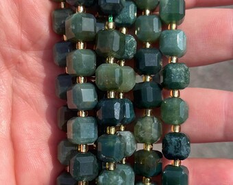 8.5mm Faceted Moss Agate Cube Natural Stone Beads - Full Strand - 15"