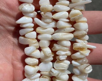 Puede incluir: Una hebra de cuentas de concha blancas y crema con una forma natural irregular. Las cuentas tienen un brillo nacarado y algunas tienen sutiles líneas marrones.