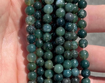 6mm Deep Green Moss Agate Beads - Natural Stone - Full Strand - 15"