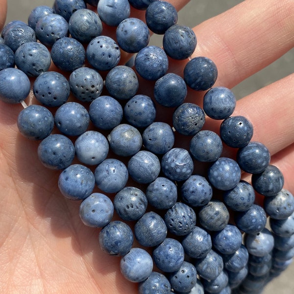 8mm Polished Blue Sponge Coral Beads - Organic Stone - Full Strand - 15"