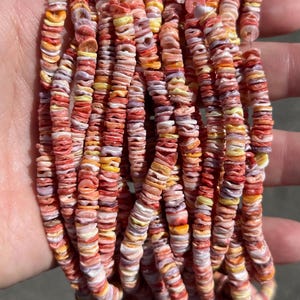 Peut inclure: Plusieurs brins de petites perles de coquillage plates et circulaires dans une palette de couleurs variées de rouge, orange, jaune, blanc et violet. Les perles sont enfilées sur un filament fin et transparent, créant une collection dense.