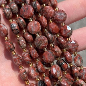 10mm Faceted Red Sesame Jasper Coin Shape Natural Stone Beads - Full Strand - 15&quot;