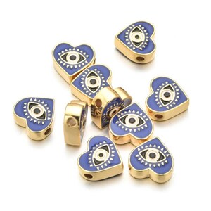 Greek Evil Eye Enamel & Metal Heart Beads - 12mm x 12mm - Gold - White - Blue - 1 / 4 / 10 / 20 / 50 / 100 Pieces - Large Hole