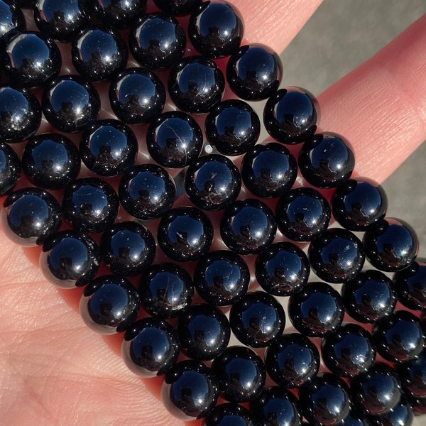 8mm Polished Black Tourmaline Beads - Natural Stone - Full Strand - 15"