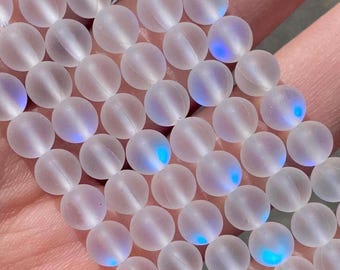 6mm Matte White Mermaid Glass Round Beads - Moonstone Glass - Iridescent Glass - Full Strand - 15"