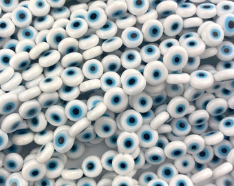 Opaque White & Light Blue Flat Evil Eye Lampwork Glass Beads - 6mm - 8mm - Bracelet - Necklace - Greek - Full Strand - Disk