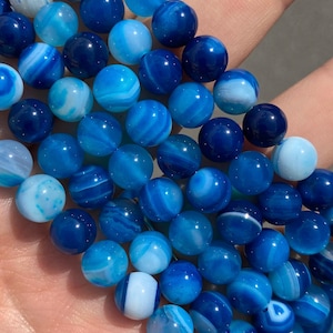 8mm Polished Striped Blue Agate Round Stone Beads - Stone Bead - Full Strand - 15&quot;