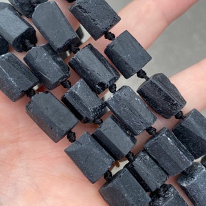8mm x 15mm Raw Black Tourmaline Hand Cut Irregular Cylinder Tube Gemstone Bead - Natural Stone - Full Strand - 15&quot;