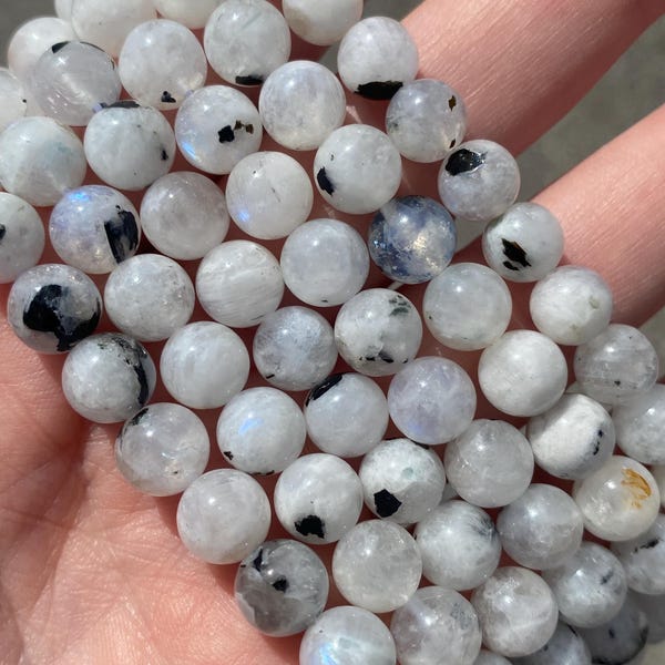 8mm Black Inclusion Blue Moonstone Beads - Natural Stone - Full Strand - 15"