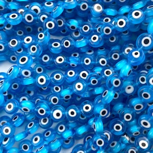 Transparent Light Blue Flat Evil Eye Lampwork Glass Beads - 6mm - 8mm - Bracelet - Necklace - Greek - Full Strand - Disk