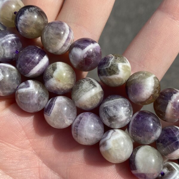 12mm Polished Natural Green & Purple Chevron Amethyst Beads - Natural Stone - Full Strand - 15"