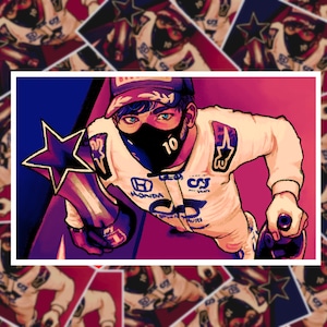 May include: A digital illustration of a racing driver wearing a white racing suit with a blue and red star on the arm, a black face mask with the number 10 on it, and a blue and red helmet. The driver is holding a trophy with a blue and red star on it. The background is a gradient of blue and red.