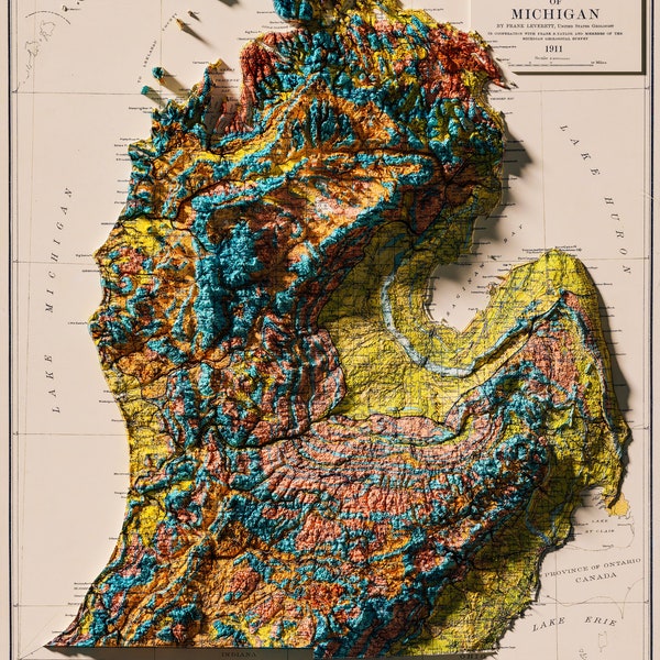 Carte du Michigan (1911) - carte d'altitude - art cartographique - topographique - géologique - terrain - relief - géologique - effet 3D (impression à plat) - cadeau