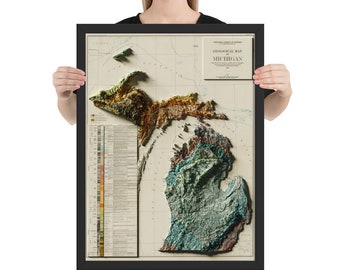 May include: A framed vintage geological map of Michigan with a 3D embossed effect. The map is printed on cream-colored paper with a grid pattern and features various shades of green, brown, and blue to represent different geological formations. The title "Geological Map of Michigan" is printed in a black banner at the top right corner.