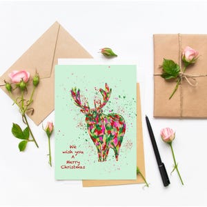 Paquete de 10 tarjetas navideñas hechas a mano: tarjeta de felicitación, hecha a mano, reno, tarjeta festiva