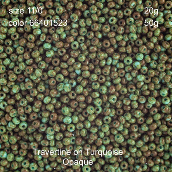 Preciosa Czech Seed Beads 11/0 Travertine on Turquoise Opaque 20g or 50g, color 01523