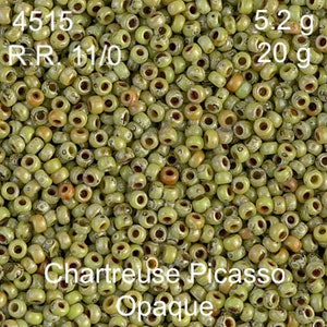 Cuentas de semillas Miyuki 11/0 - Chartreuse Picasso Opaco - 4515, 5,2 go 20 g