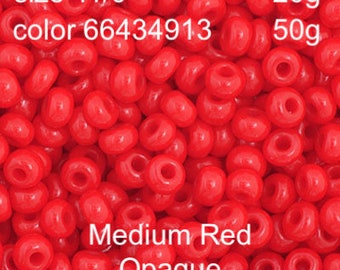 May include: A close-up of a collection of medium red opaque beads. The image shows the size as 11/0, colour code 66434913, and weights of 20g and 50g. These beads are ideal for jewellery making and various craft projects.