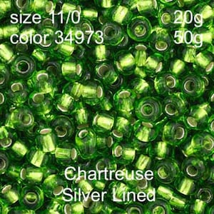 Preciosa Czech Seed Beads 11/0 Chartreuse Silver Lined 20g or 50g, color 34973