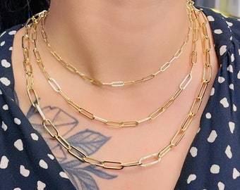 14k Yellow Gold Hollow Fancy Paper Clip Necklace 3MM 4.3MM 6.5MM