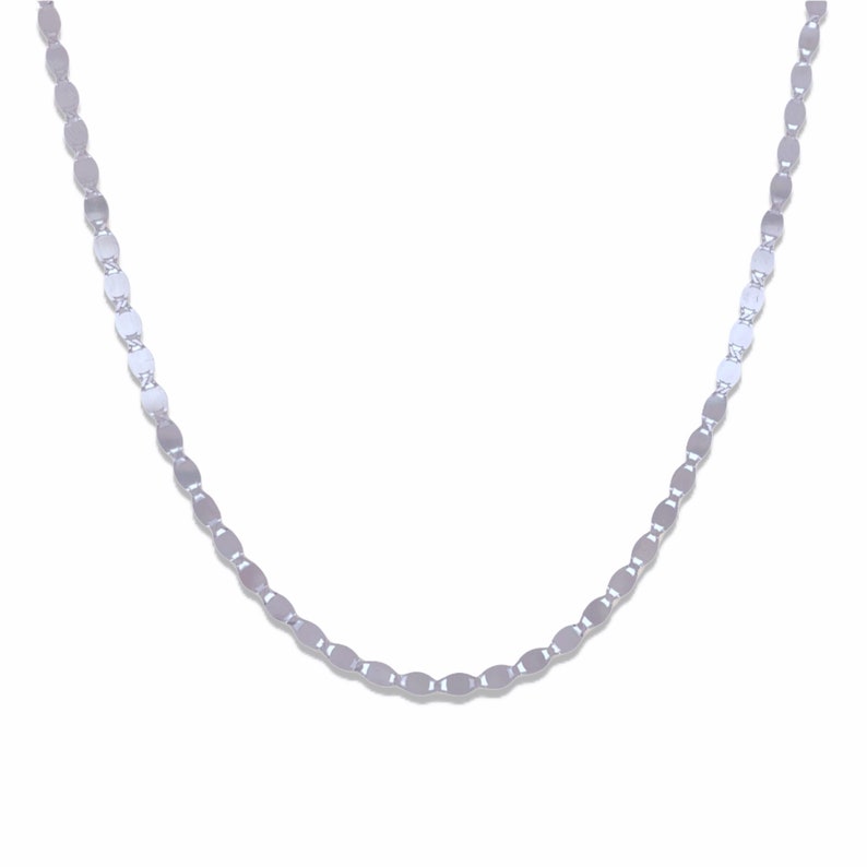 May include: A silver chain necklace with oval-shaped links.