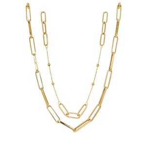 14k Gold Fancy Layered Paper Clip Necklace with Dia-Cut Balls with Double lock