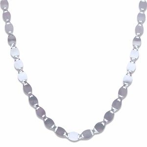May include: A silver chain necklace with oval-shaped links. The chain is made of metal and has a polished finish.