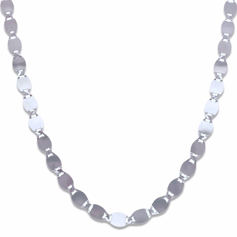 May include: A silver chain necklace with oval-shaped links. The chain is made of metal and has a polished finish.