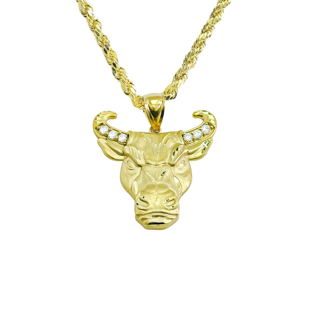 Oxgift Buy 10k Gold CZ Bull / Ox Pendant W/ 4mm Hollow Rope Chain Yellow Gold ...
