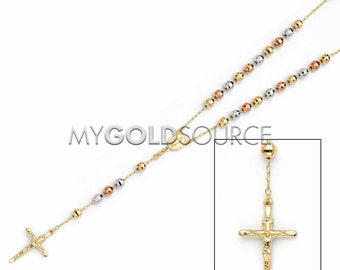 14k Gold Necklace Tri-Color Rosary Disco Ball with Our Lady of Guadalupe 6.0MM