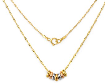 10k Gold Lucky Seven Tri-Color Rings Charm Necklace 17 Inches 4.0 MM