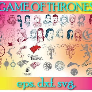 Puede incluir: Una colección de retratos de personajes de Juego de Tronos y escudos de casas. Los escudos incluyen un lobo huargo, un león, un ciervo, un dragón, un kraken, un pez y una luna con un pájaro. El texto "Game of Thrones" está en la parte superior central de la imagen. El texto "Winter is Coming" está en la parte inferior central de la imagen. El texto "eps. dxf. svg." está en la parte inferior central de la imagen.