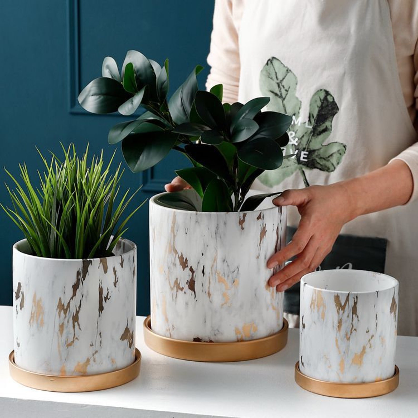 Ceramic Plant Pot Marble Modern Gold Saucer Etsy