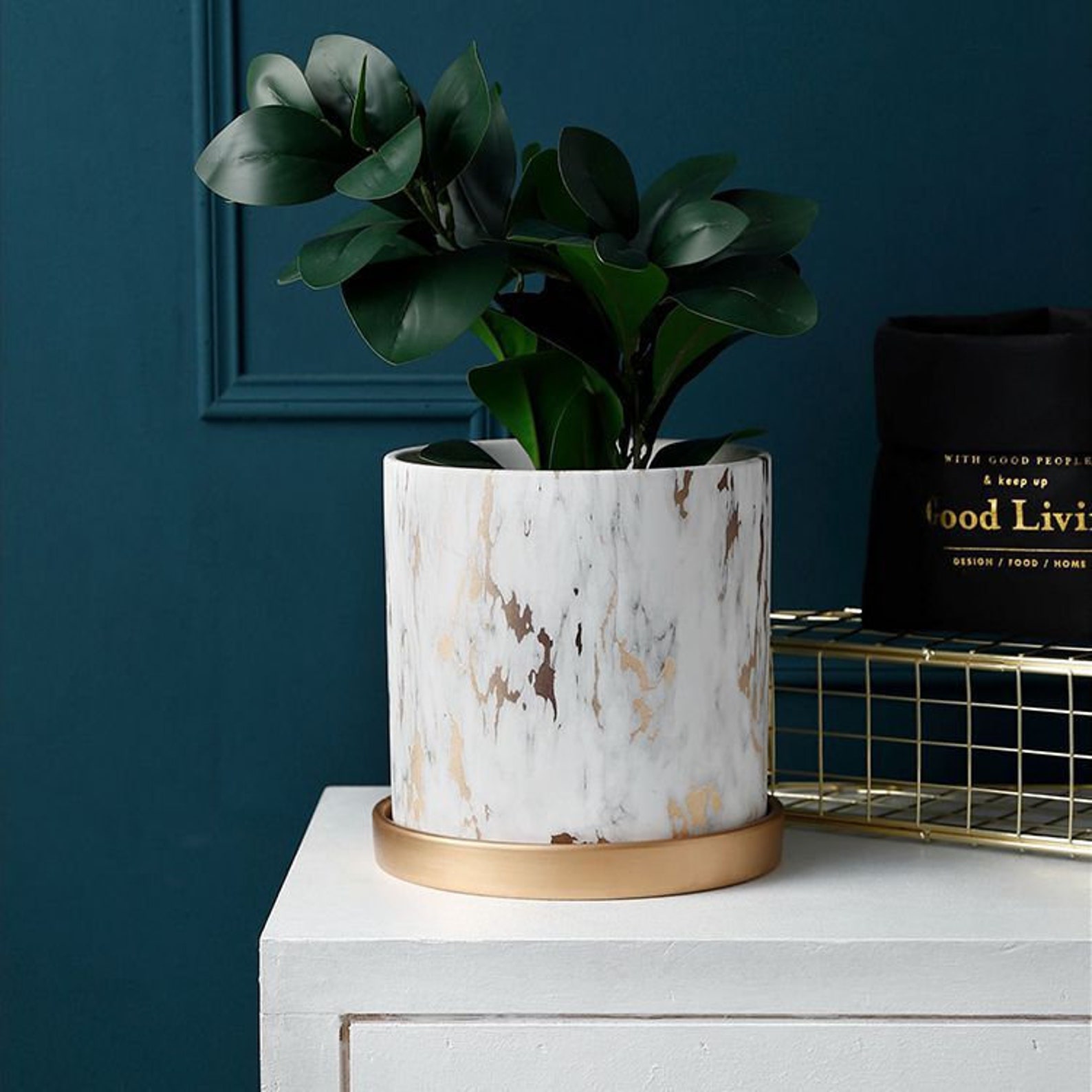 Ceramic Plant Pot Marble Modern Gold Saucer Etsy