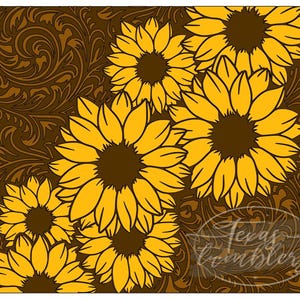 Op de afbeelding: Een bruin en geel bloemenpatroon met een herhalend ontwerp van zonnebloemen. De achtergrond is een bruin paisley-patroon.