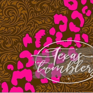 May include: A brown and pink digital design featuring a leopard print pattern with a brown paisley background. The text "Texas Tumblers" is visible in the center of the image.