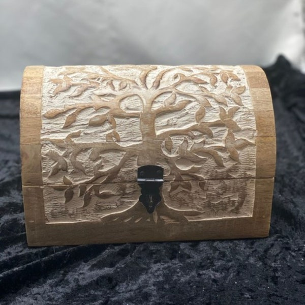 Hand carved wood box-tree of life-unique decor-cottagecore-jewelry box-keep safe storage-herb storage-wiccan-alter box-stash box-tarot box