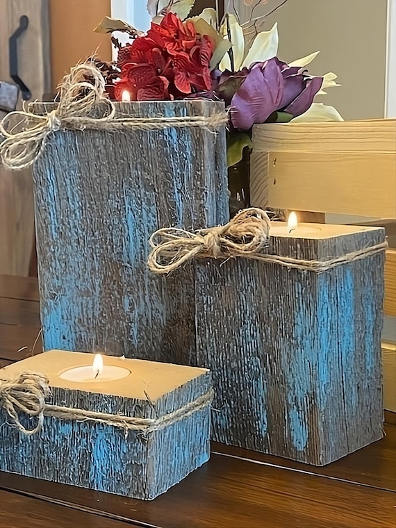 Rustic Barn Wood Candle Holder Set: Weathered Farmhouse Decor
